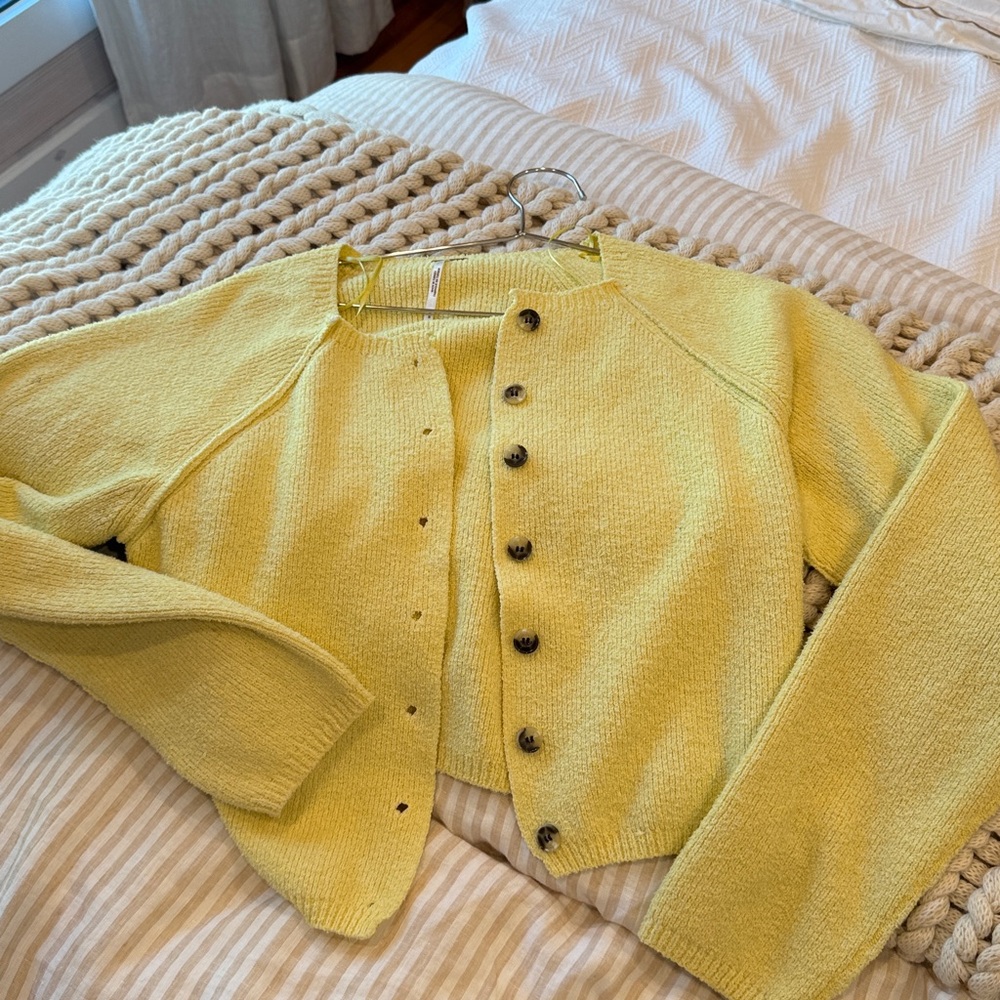 Free People Sweater: Yellow Button-Up Cardigan